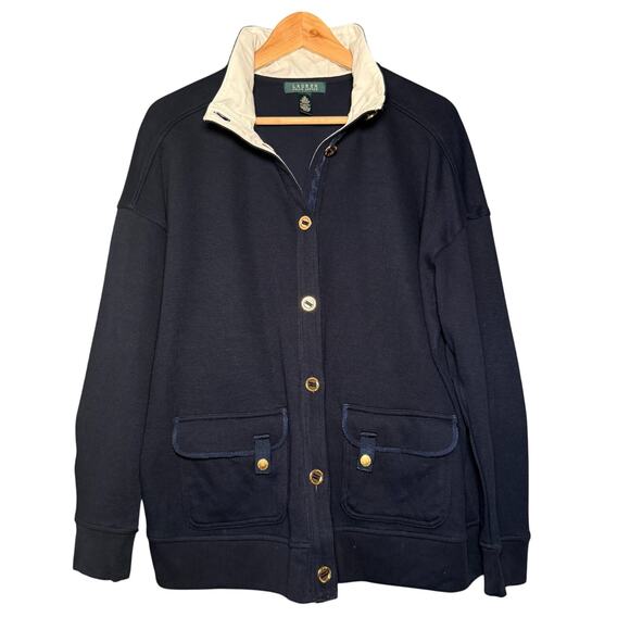 Lauren Ralph Lauren Navy Cotton Jacket Sweatshirt Gold Logo Buttons Women's 1X - Picture 2 of 10